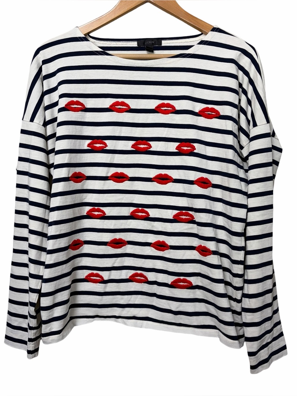 J.Crew striped lips kiss embroidered top